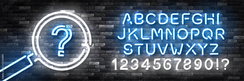 Vector realistic isolated neon sign of Magnifier with Question Mark with easy to change color font alphabet logo for template decoration and covering on the wall background. Concept of trivia night an Vector realistic isolated neon sign of Magnifier with Question Mark with easy to change color font alphabet logo for template decoration and covering on the wall background. Concept of trivia night an