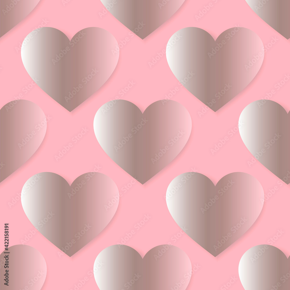 3d Love hearts seamless pattern. Vector rose pink background. Ornamental elegance repeat backdrop. Romantic beautiful surface ornaments with rose gold 3d love hearts. Luxury design with shadows