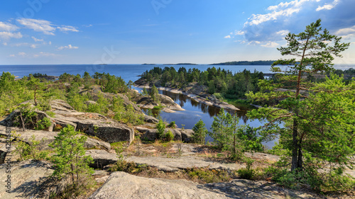 Stunning view from the highest point of the Ladoga skerries on Honkasalo island in the summer.