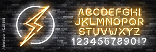 Vector realistic isolated neon sign of Electricity with easy to change color font alphabet logo for template decoration and covering on the wall background. Concept of lightning and energy.