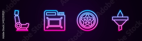 Set line Car seat, Canister for motor oil, wheel and Funnel and drop. Glowing neon icon. Vector