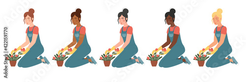 Vector set of women are engaged in gardening. Different skin and hair colors. Cartoon characters isolated on white background. Girls are planting flowers in pots.
