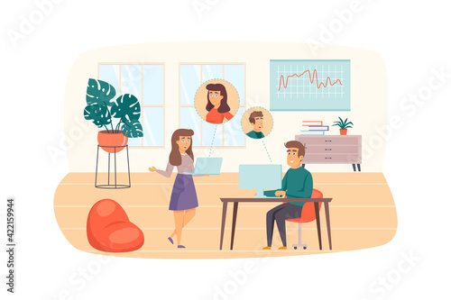 Man and woman make video calls in office scene. Colleagues communicate at video conference at laptop screens. Communication technology concept. Vector illustration of people characters in flat design