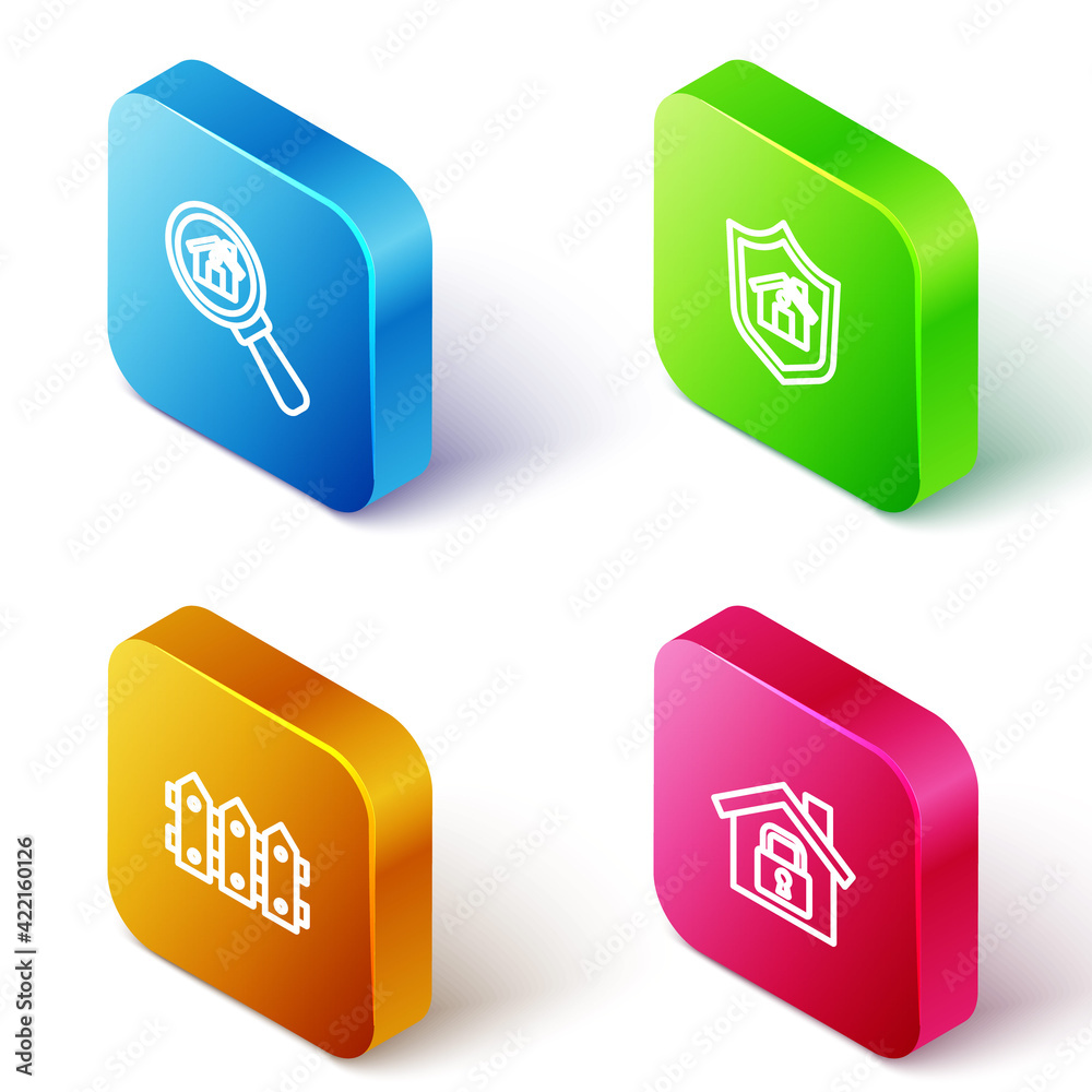 Set Isometric line Search house, House with shield, Garden fence wooden and under protection icon. Vector Set Isometric line Search house, House with shield, Garden fence wooden and under protection icon. Vector