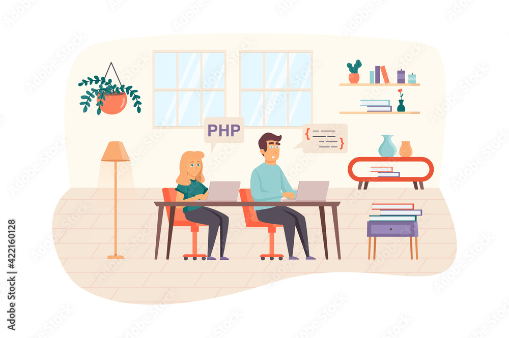 Developers team testing software in office scene. Man and woman works on laptops, fixing bugs in program code. Application development concept. Vector illustration of people characters in flat design