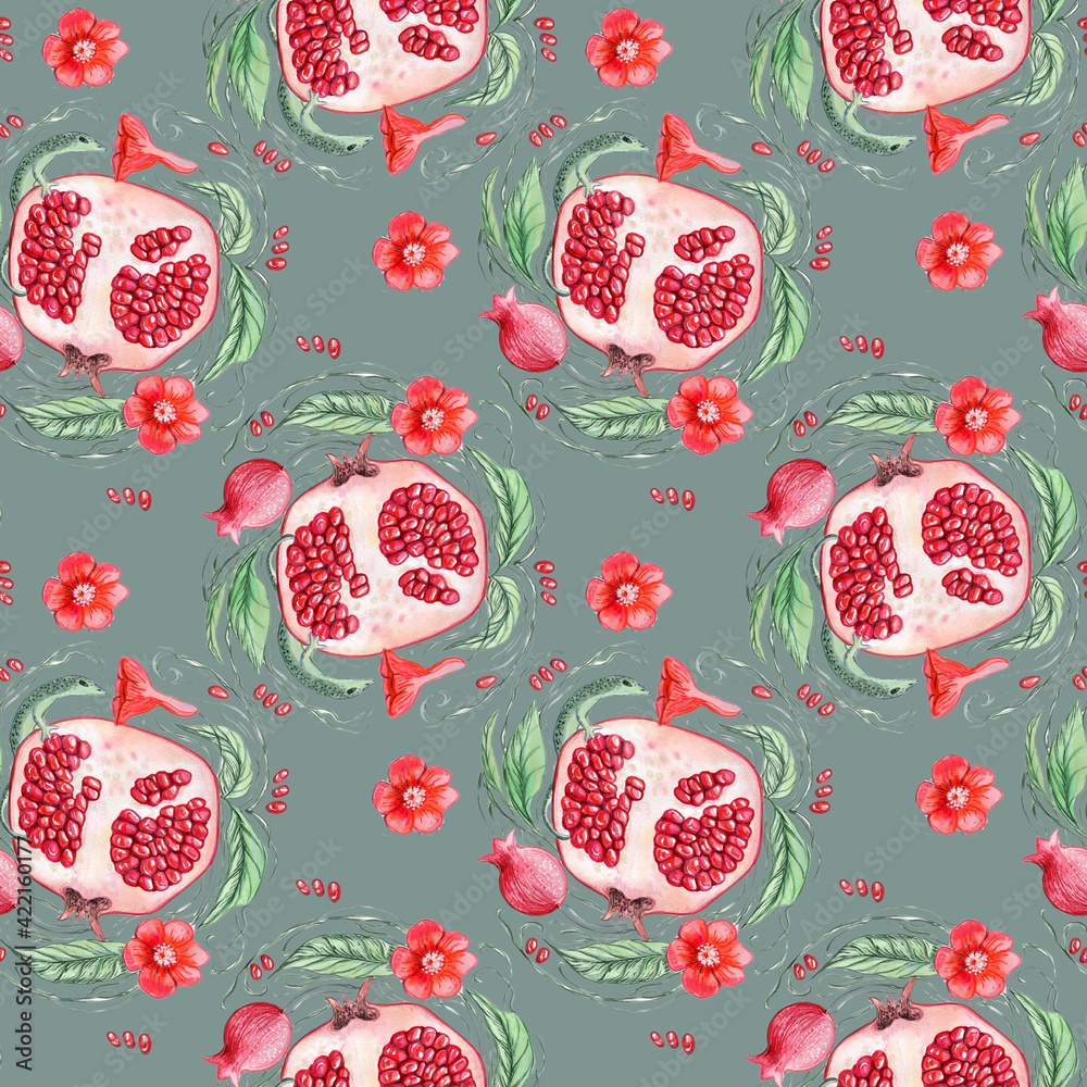 Watercolor seamless pattern with red pomegranate and green lizard on a gray background, red flowers, juicy pomegranate seeds Watercolor seamless pattern with red pomegranate and green lizard on a gray background, red flowers, juicy pomegranate seeds
