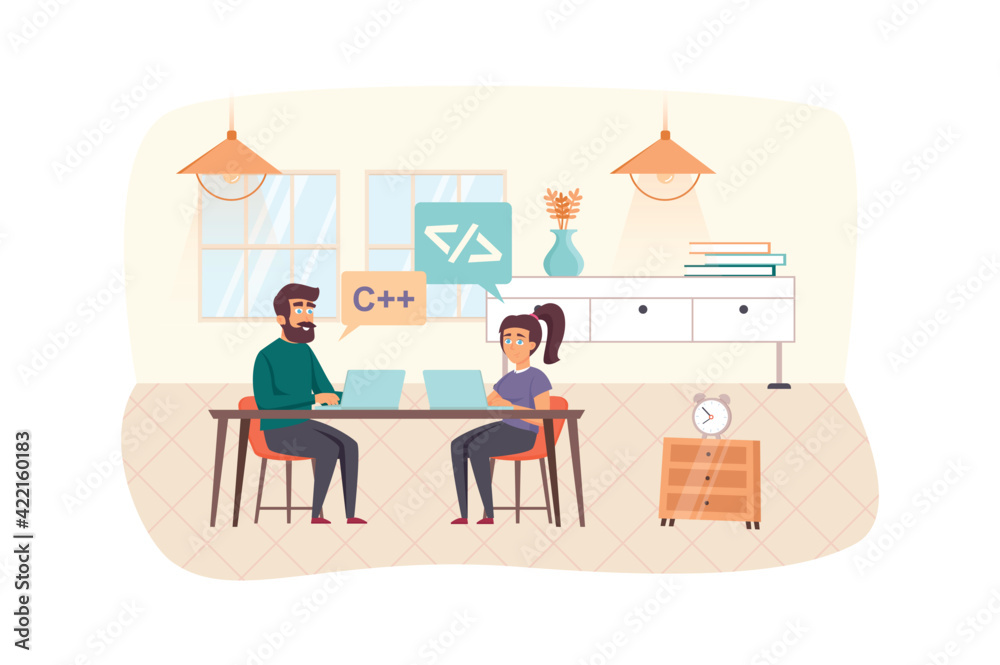 Development and testing software scene. Man and woman working on laptops, fixing bugs in program code app. IT industry, teamwork concept. Vector illustration of people characters in flat design Development and testing software scene. Man and woman working on laptops, fixing bugs in program code app. IT industry, teamwork concept. Vector illustration of people characters in flat design