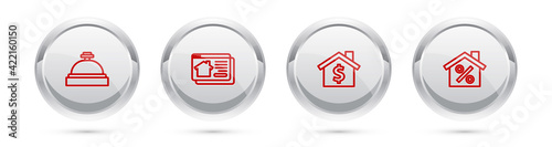 Set line Hotel service bell, Online real estate house, House with dollar symbol and percant discount. Silver circle button. Vector