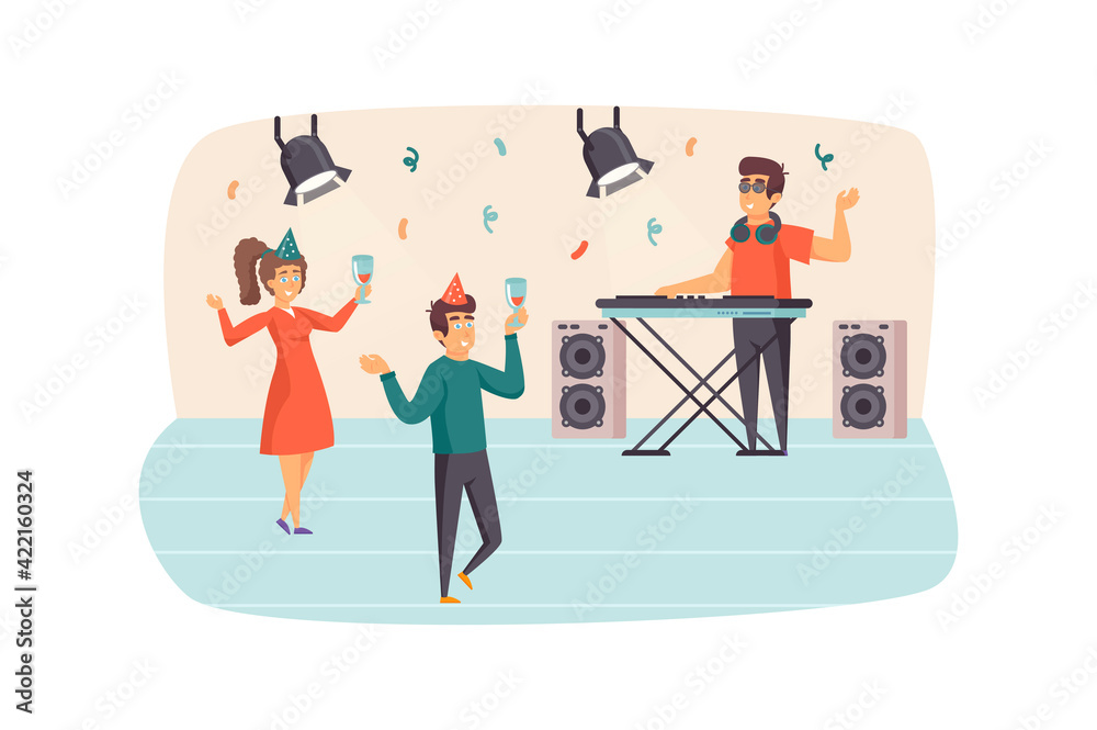 Couple dancing at party in club scene. Man and woman drinking wine, having fun. DJ plays music at mixing panel. Holiday celebration concept. Vector illustration of people characters in flat design