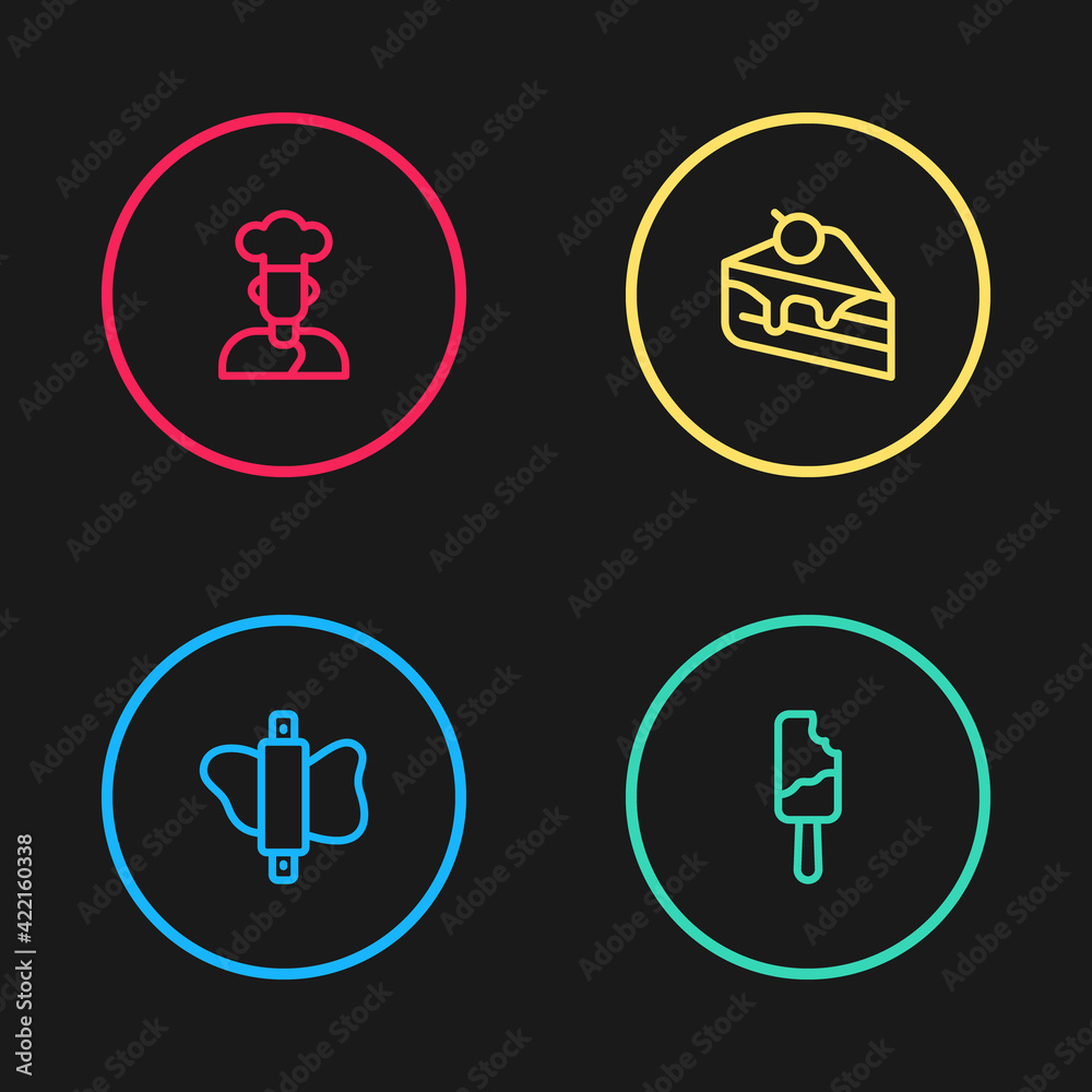 Set line Rolling pin on dough, Ice cream, Piece of cake and Cook icon. Vector