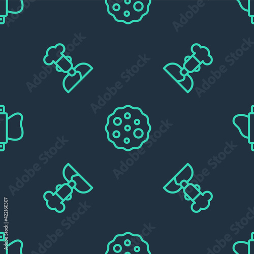 Set line Cookie or biscuit, and Rolling pin on dough on seamless pattern. Vector