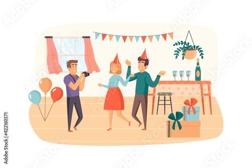 Couple having fun at home party scene. Photographer makes holiday photo shoot. Festive decorated room. Celebration of anniversary concept. Vector illustration of people characters in flat design
