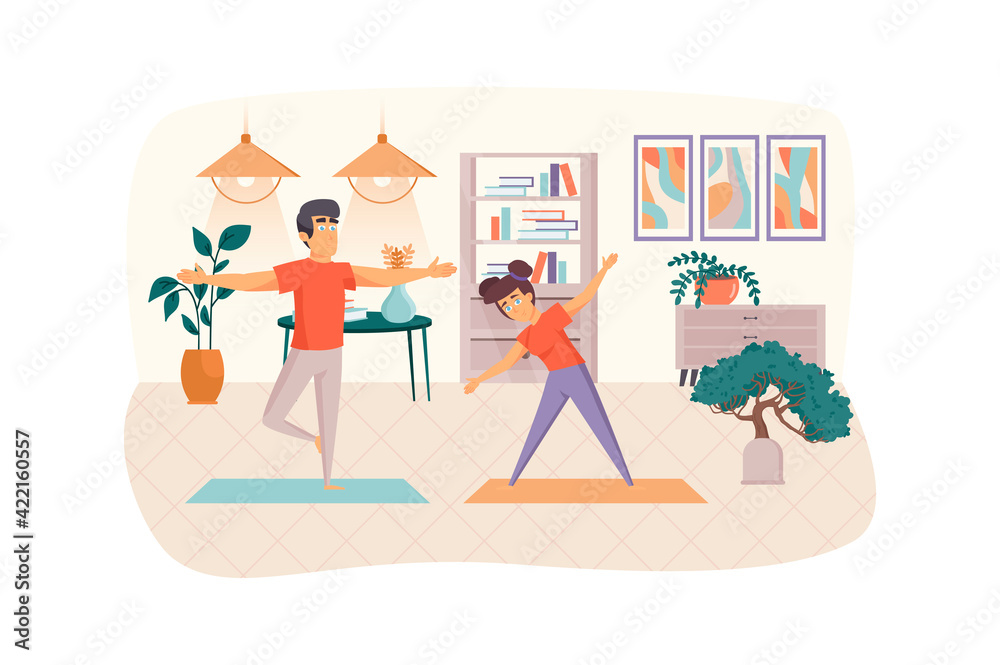 Home workout scene. Couple practicing yoga asanas. Man and woman doing training indoor. Sport activities, exercising, healthy lifestyle concept. Vector illustration of people characters in flat design Home workout scene. Couple practicing yoga asanas. Man and woman doing training indoor. Sport activities, exercising, healthy lifestyle concept. Vector illustration of people characters in flat design
