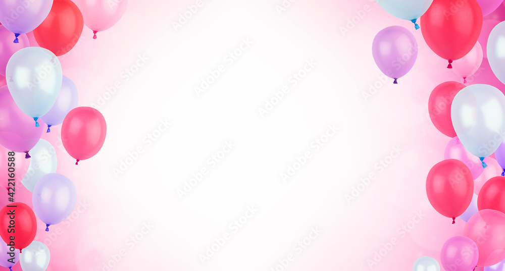 colorful helium balloons are flying up on a pink background. Holidays background