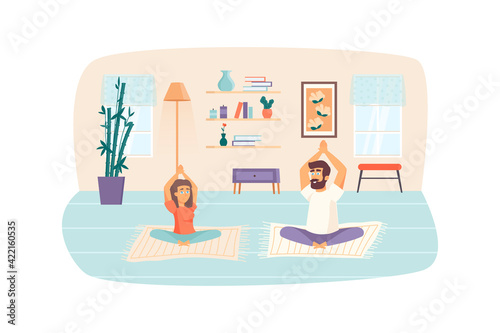 Man and woman doing lotus pose. Couple practicing yoga asanas scene. Home workout, sport activities, meditation, healthy lifestyle concept. Vector illustration of people characters in flat design