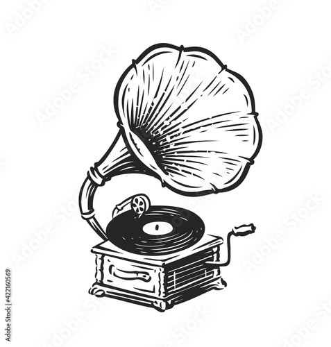 Vintage musical gramophone. Drawn antique phonographe. Music symbol