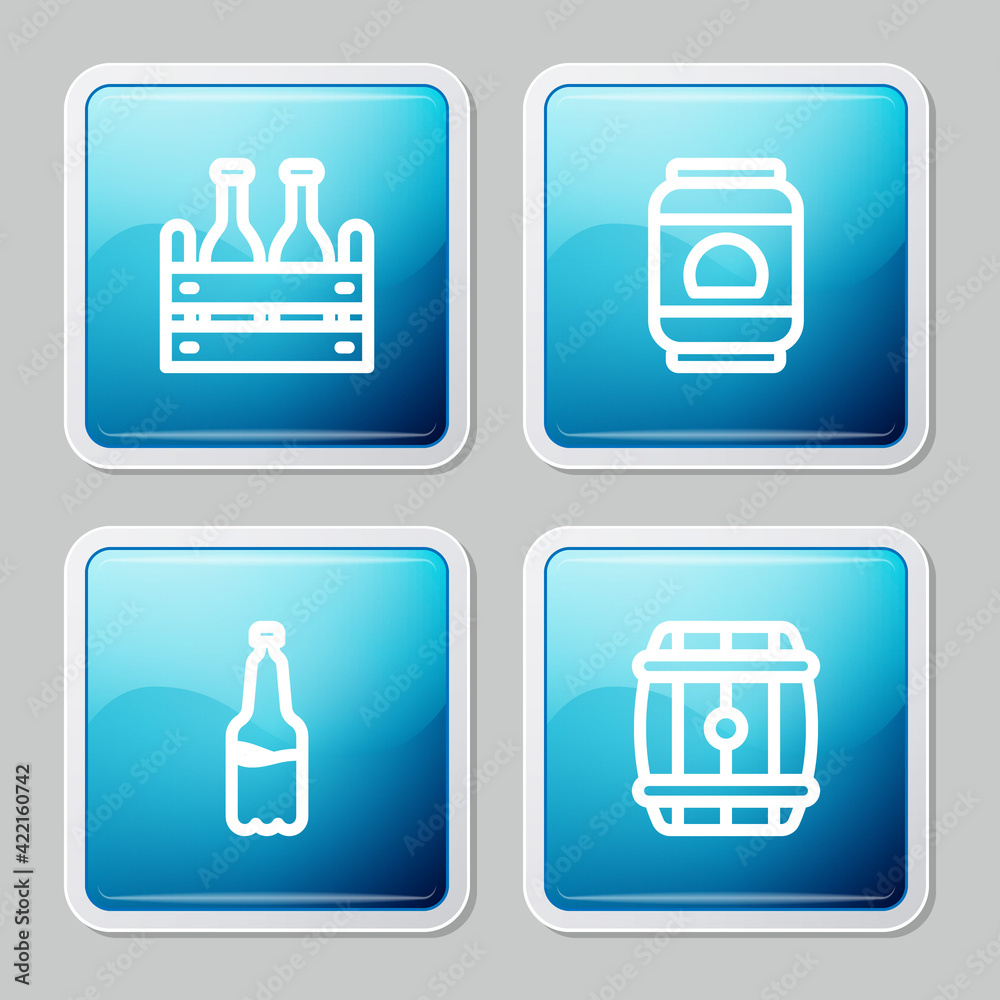 Set line Pack of beer bottles, Beer can, Plastic and Wooden barrel icon. Vector Set line Pack of beer bottles, Beer can, Plastic and Wooden barrel icon. Vector