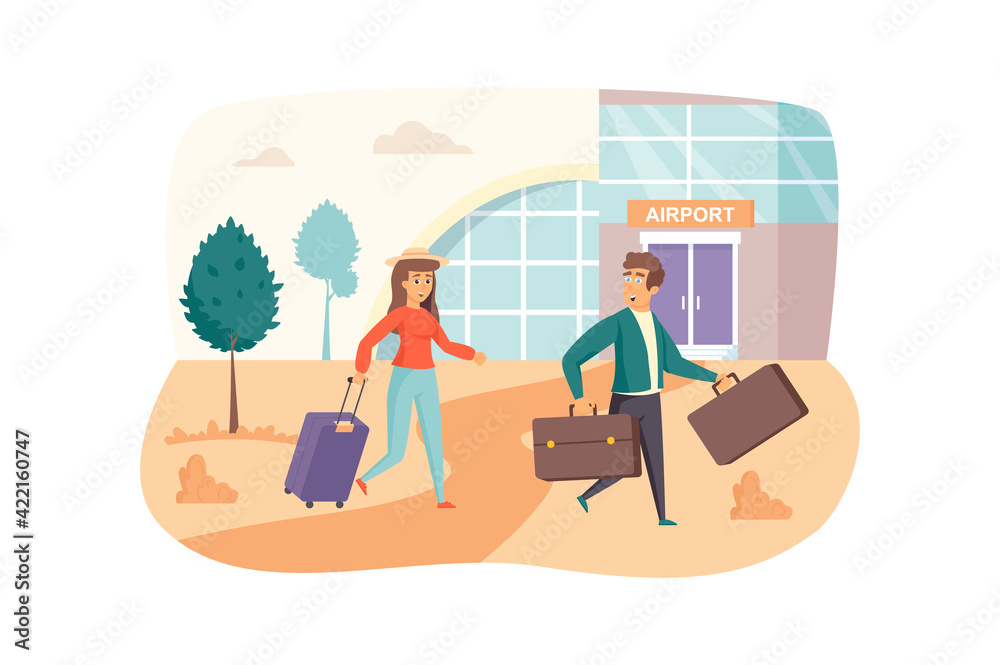 Couple travels together scene. Man and woman travelers with luggage go in airport. Family in vacation, flight, tourism industry concept. Vector illustration of people characters in flat design