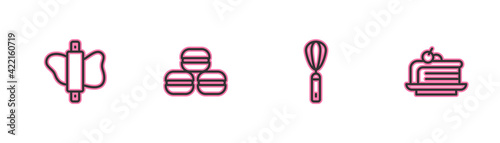 Set line Rolling pin on dough, Kitchen whisk, Macaron cookie and Piece of cake icon. Vector