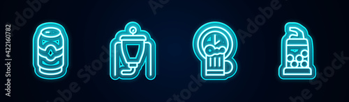 Set line Beer can, brewing process, Happy hour and Bottle opener. Glowing neon icon. Vector