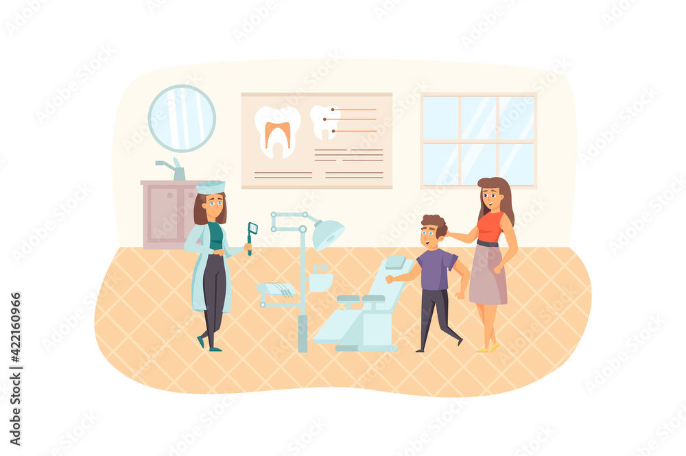 Pediatric dentistry scene. Boy and his mother visiting dentist, patient examination and treatment. Medical center, clinic service concept. Vector illustration of people characters in flat design Pediatric dentistry scene. Boy and his mother visiting dentist, patient examination and treatment. Medical center, clinic service concept. Vector illustration of people characters in flat design