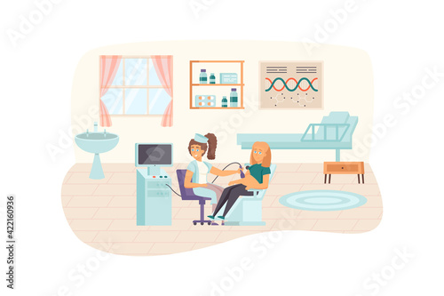 Doctor doing ultrasound screening of pregnant woman scene. Baby growth monitoring. Medical center, clinic service, ultrasonography concept. Vector illustration of people characters in flat design