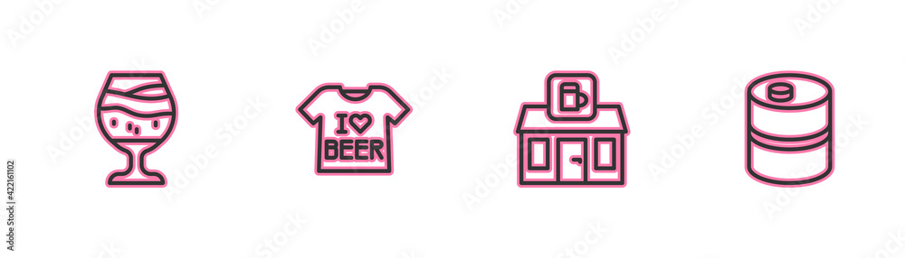 Fototapeta premium Set line Glass of beer, Store building shop, Beer T-shirt and Metal keg icon. Vector