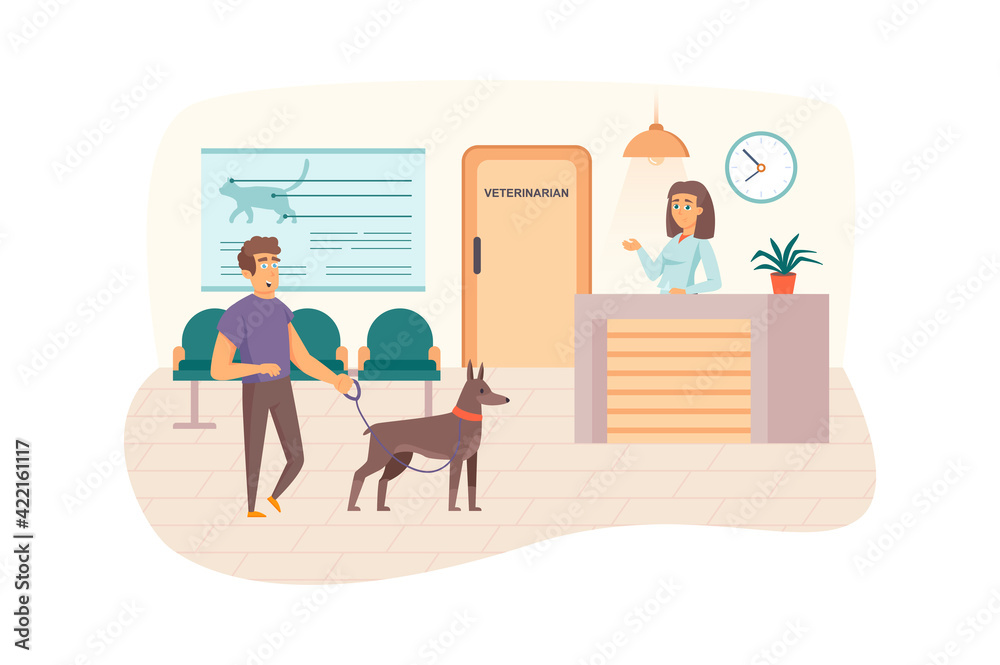 Veterinary clinic scene. Man with dog visits vet, waiting for doctor's appointment in reception. Veterinarian medicine and healthcare concept. Vector illustration of people characters in flat design