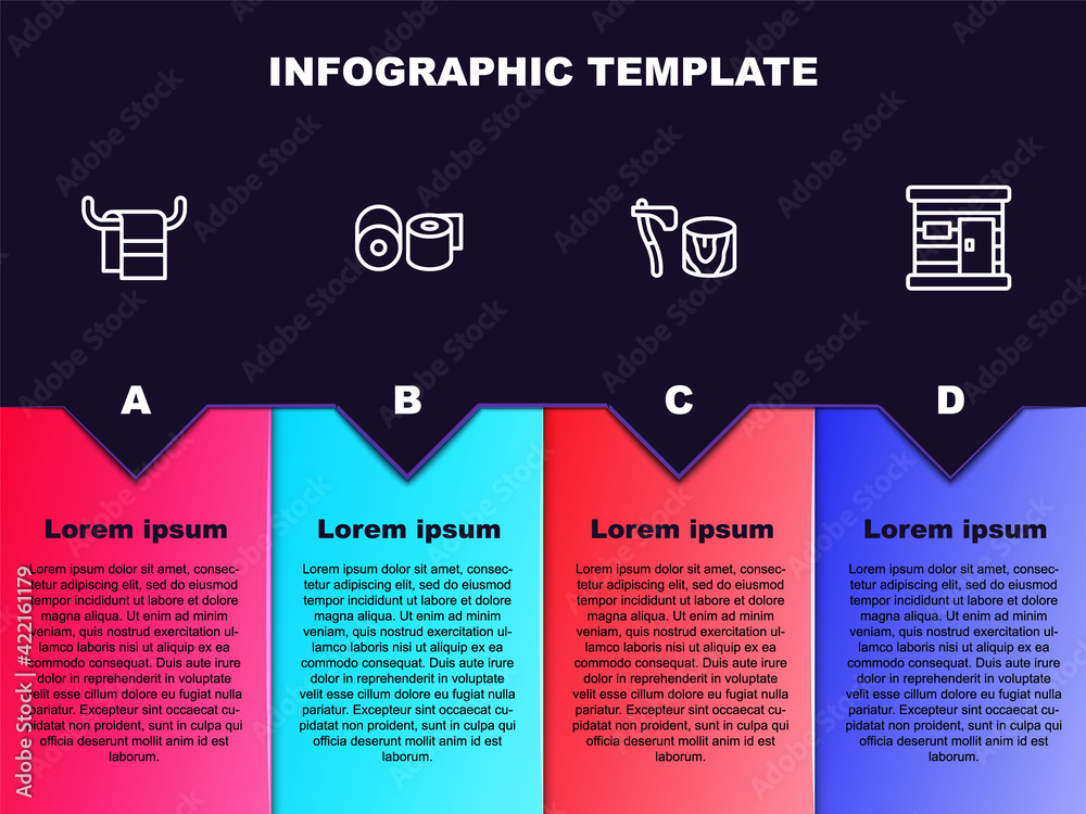 Set line Towel on a hanger, Toilet paper roll, Wooden axe in stump and Sauna wooden bathhouse. Business infographic template. Vector Set line Towel on a hanger, Toilet paper roll, Wooden axe in stump and Sauna wooden bathhouse. Business infographic template. Vector