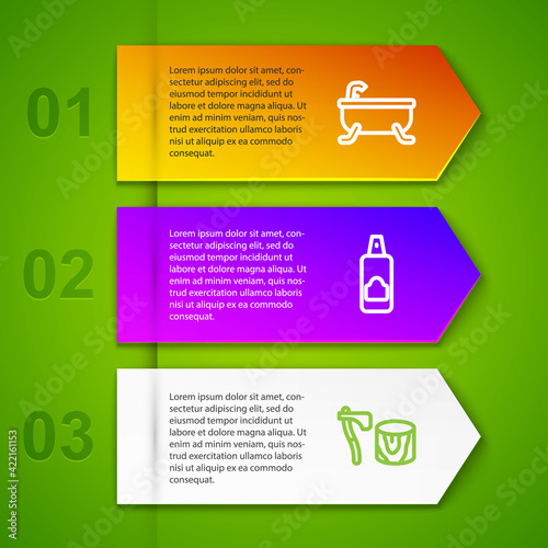 Set line Bathtub, Spray can for hairspray and Wooden axe in stump. Business infographic template. Vector