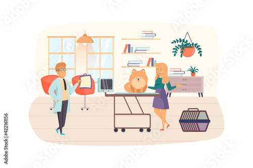 Veterinary clinic scene. Woman with dog visits vet, doctor examining puppy. Veterinarian medicine, pet care, healthcare, medical concept. Vector illustration of people characters in flat design