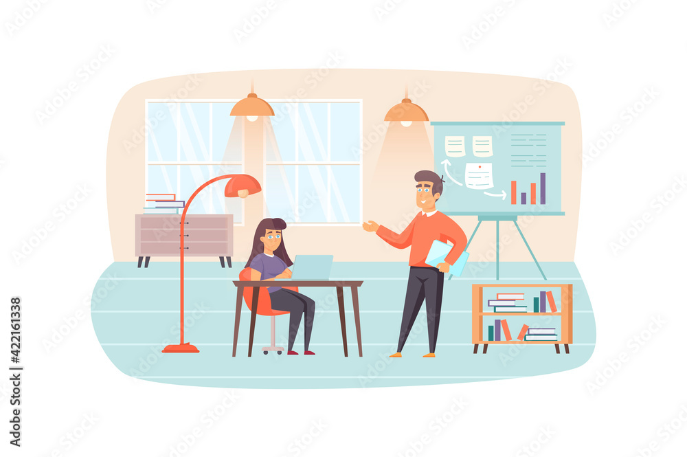 Office manager talking to colleague scene. Teamwork or team building, business meeting. Workflow optimization, organize office work concept. Vector illustration of people characters in flat design Office manager talking to colleague scene. Teamwork or team building, business meeting. Workflow optimization, organize office work concept. Vector illustration of people characters in flat design