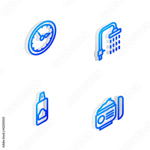 Set Isometric line Shower, Sauna clock, Spray can for hairspray and Cream lotion cosmetic tube icon. Vector