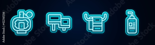 Set line Aftershave, Sauna wood bench, Towel on hanger and Cream or lotion cosmetic tube. Glowing neon icon. Vector