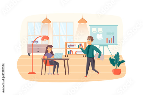 Office manager organizes office work scene. Employee working on laptop. Management, administration, business workflow optimization concept. Vector illustration of people characters in flat design