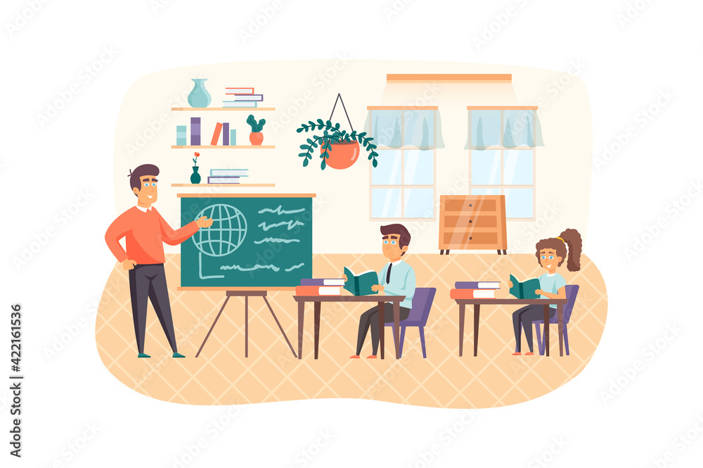 Geography lesson scene. Teacher stand by chalkboard, pupils study in classroom. Primary education, back to school, Knowledge Day concept. Vector illustration of people characters in flat design Geography lesson scene. Teacher stand by chalkboard, pupils study in classroom. Primary education, back to school, Knowledge Day concept. Vector illustration of people characters in flat design