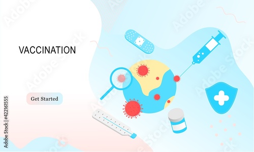 Landing page of vaccination website. Immunization campaign. Health care and protection. Isometric medical treatment. Flat vector illustration for wallpaper, banner, background, card, book illustration