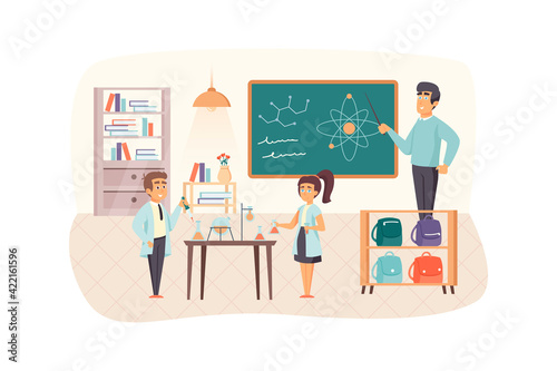Physics lesson scene. Teacher explains structure of atom, pupils study in classroom. Primary education, back to school, Knowledge Day concept. Vector illustration of people characters in flat design
