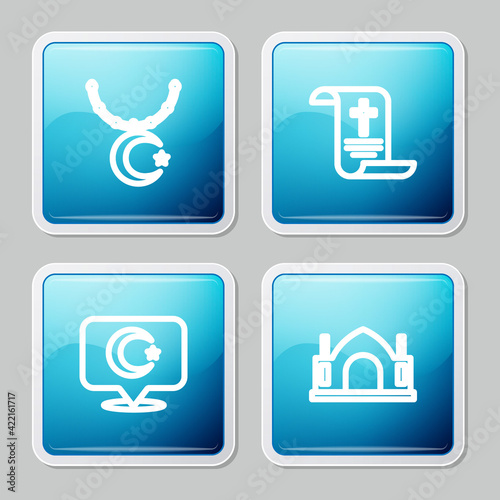 Set line Star and crescent on chain, Decree, paper, parchment, scroll, and Hindu spiritual temple icon. Vector