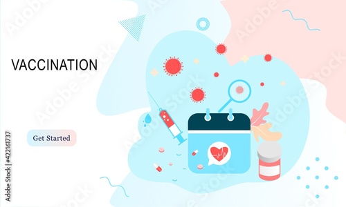 Landing page of vaccination website. Immunization campaign. Health care and protection. Isometric medical treatment. Flat vector illustration for wallpaper, banner, background, card, book illustration