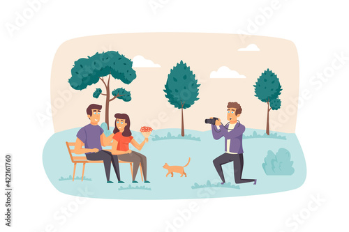 Photographer making photo shooting for couple in park scene. Man and woman posing for art photography. Creative profession, memories concept. Vector illustration of people characters in flat design
