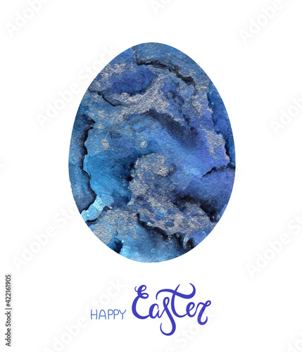 illustration of watercolor Easter eggs on a white background. liquid blue purple marble with gold. lettering happy easter. for design, cards, decorations, banners, wallpapers, booklets