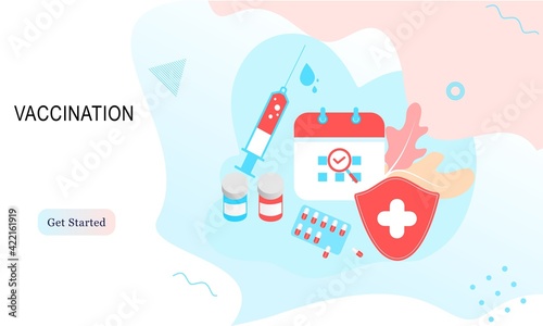 Landing page of vaccination website. Immunization campaign. Health care and protection. Isometric medical treatment. Flat vector illustration for wallpaper, banner, background, card, book illustration