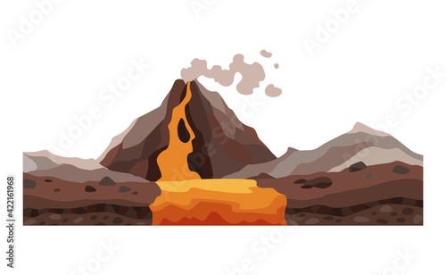 Game landscape. Cartoon design nature. Landscape of the valley of volcanoes from which lava breaks out