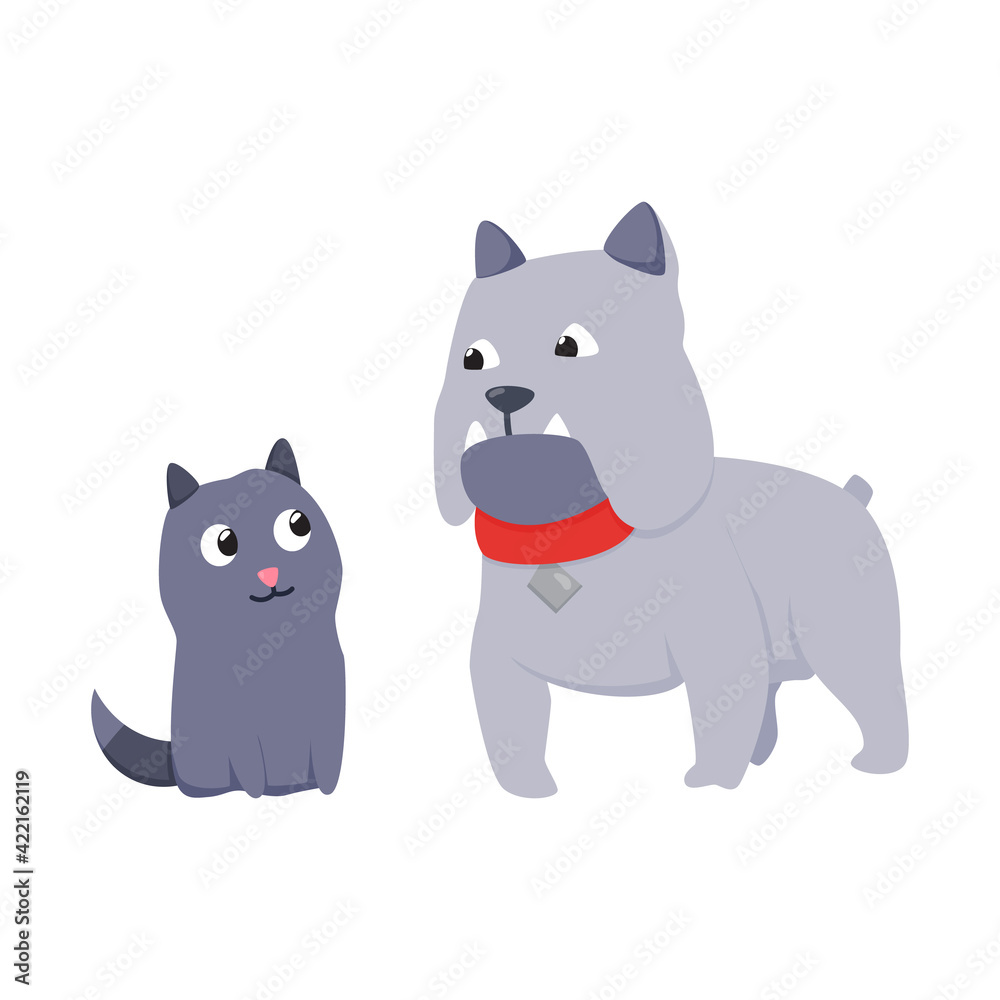 Cats and dog characters best happy friends. Together spending time isolated on white background. Funny flat cartoon colorful friendship pets. Vector illustration