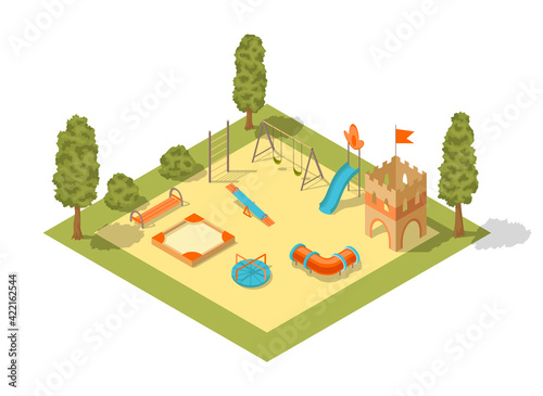 Isometric playground concept for outdoor family pastime. Playful kindergarten. Colored 3d isometric kids playground with park objects and gaming complexes