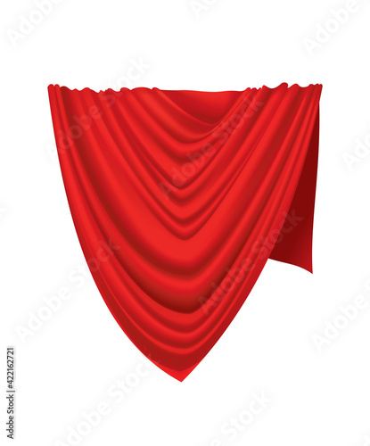 Covered object. Red silk fabric curtain cover. Revealer cloth realistic curtain for exhibition with a hidden object. Isolated object inside draped cloth on white background