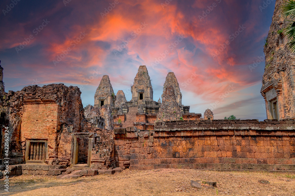 Pre Rup Eastern Mebon Khmer architecture of Angkor wat Lost ancient Khmer city in the jungle in Siem Reap Cambodia.The majestic Hindu pyramid of the ancient empire.Sunset view of spires of temple