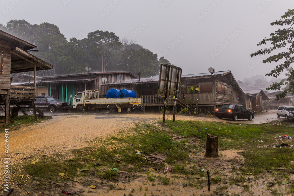 Small village near Kinabatangan river in a heavy rain, Sabah, Malaysia