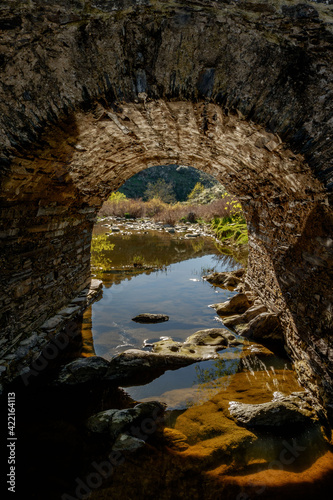 Puente viejo sobre el río de la vid en el Parque Nacional de Monfragüe. Red Natura 2000. España